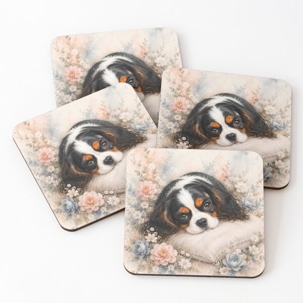 Item preview, Cavalier King Charles Spaniel Resting on a Cozy Pillow | Soft Floral Watercolor Puppy Portrait | Cute Dog Wall Art designed and sold by ManJiangHong.