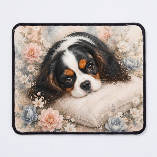 Item preview, Cavalier King Charles Spaniel Resting on a Cozy Pillow | Soft Floral Watercolor Puppy Portrait | Cute Dog Wall Art designed and sold by ManJiangHong.