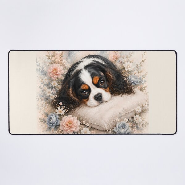 Item preview, Cavalier King Charles Spaniel Resting on a Cozy Pillow | Soft Floral Watercolor Puppy Portrait | Cute Dog Wall Art designed and sold by ManJiangHong.