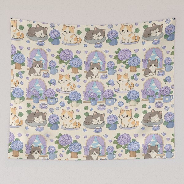 Item preview, Cozy Cat Hydrangea Window Pattern designed and sold by Soft Berry Studio.