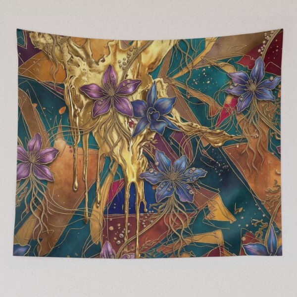 Item preview, Molten Gold Drip Teal Purple Orchid Pattern designed and sold by WitchyBotanicaArt.