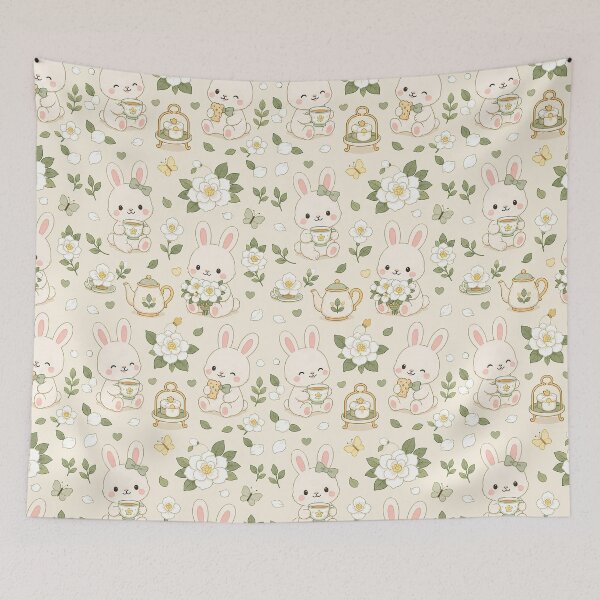 Item preview, Bunny Gardenia Tea Garden Pattern designed and sold by Soft Berry Studio.