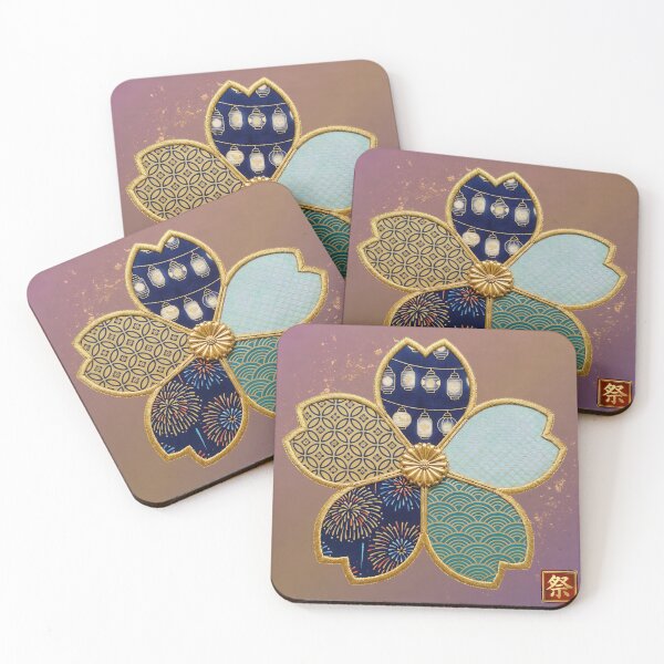 Item preview, Matsuri — Japanese Cherry Blossom Crest Art Print | Lantern Rows & Goldfish Net Festival Pattern designed and sold by KimonoKotoba.