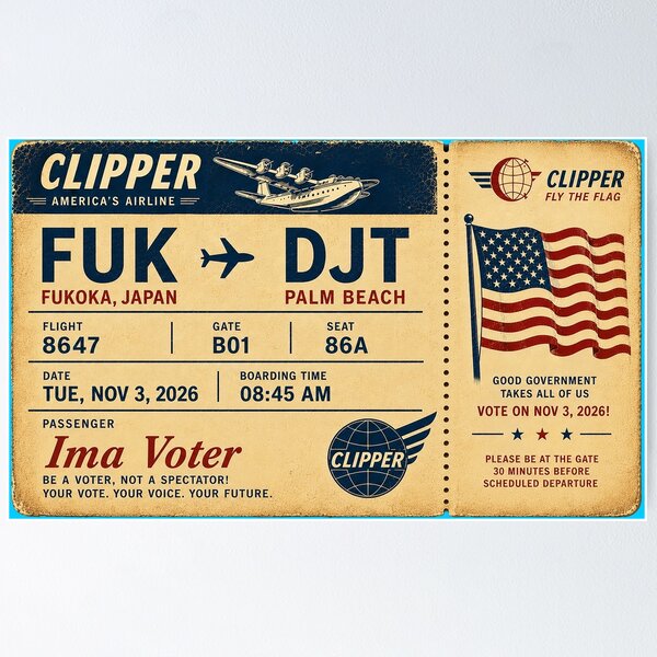 Item preview, ✈️ FUK → DJT Boarding Pass - LAST CALL FOR DEMOCRACY COLLECTION ✈️ - Vintage Classic Clipper - Passenger Ima Voter designed and sold by WheelieGdArt.