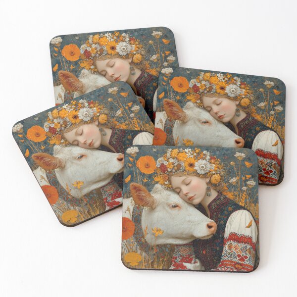 Item preview, Cottagecore Girl Hugging a Cow in Poppy Field Folk Oil Painting designed and sold by Ustinov_arts.