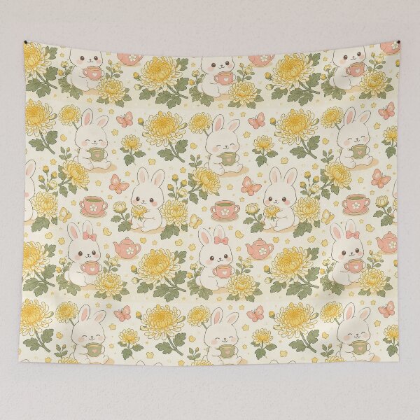 Item preview, Bunny Chrysanthemum Tea Garden Pattern designed and sold by Soft Berry Studio.