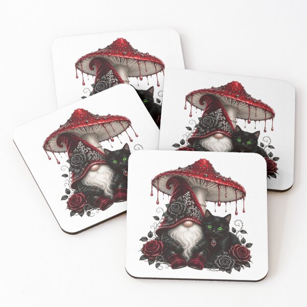 Item preview, Enchanted Winter Gnome & Black Cat | Crimson Mushroom Fantasy Art designed and sold by RoPrincess.