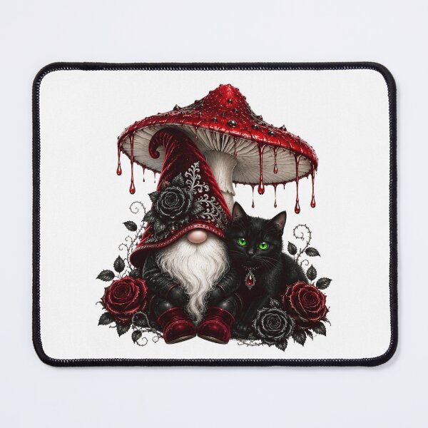 Item preview, Enchanted Winter Gnome & Black Cat | Crimson Mushroom Fantasy Art designed and sold by RoPrincess.