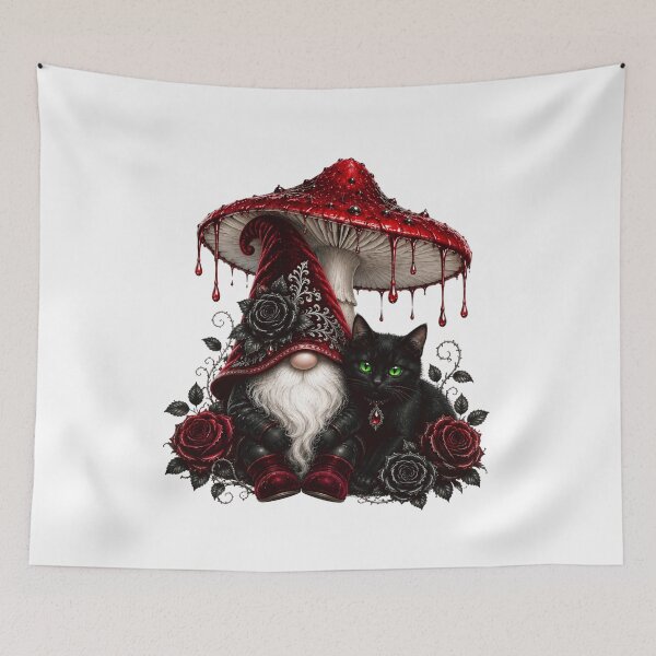 Item preview, Enchanted Winter Gnome & Black Cat | Crimson Mushroom Fantasy Art designed and sold by RoPrincess.