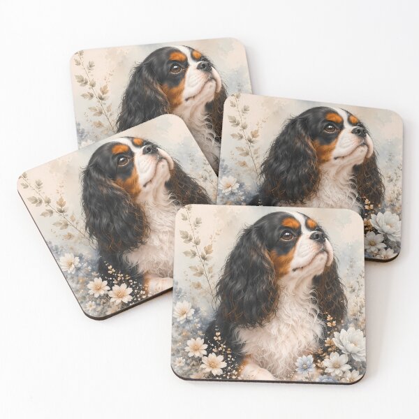Item preview, Cavalier King Charles Spaniel with Blue Flowers | Soft Watercolor Floral Dog Portrait designed and sold by ManJiangHong.