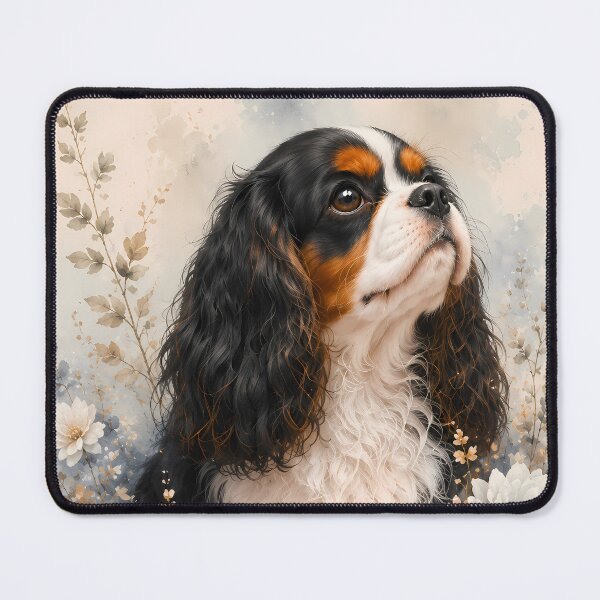 Item preview, Cavalier King Charles Spaniel with Blue Flowers | Soft Watercolor Floral Dog Portrait designed and sold by ManJiangHong.