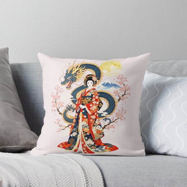 Item preview, Geisha in a red kimono and blue dragon on Mount Fuji, white background (Ukiyo-e) designed and sold by Natalia-Vlad.
