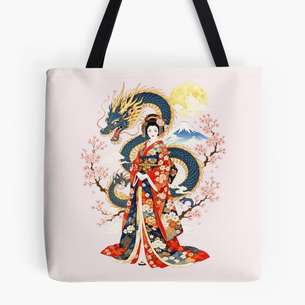 Item preview, Geisha in a red kimono and blue dragon on Mount Fuji, white background (Ukiyo-e) designed and sold by Natalia-Vlad.