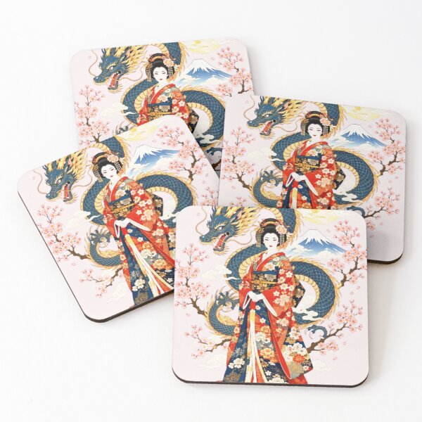 Item preview, Geisha in a red kimono and blue dragon on Mount Fuji, white background (Ukiyo-e) designed and sold by Natalia-Vlad.