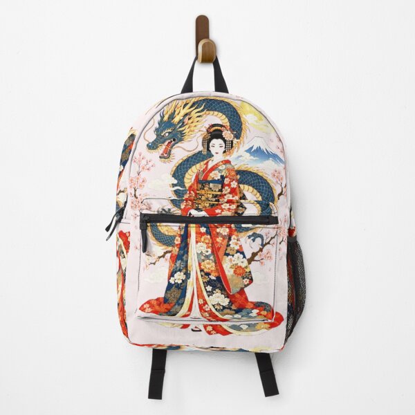 Item preview, Geisha in a red kimono and blue dragon on Mount Fuji, white background (Ukiyo-e) designed and sold by Natalia-Vlad.