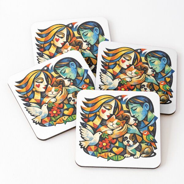 Item preview, Animal Lovers Cubist Art | Colorful Pet Family with Cat, Dog, Birds & Nature designed and sold by Santuário da Bicharada.