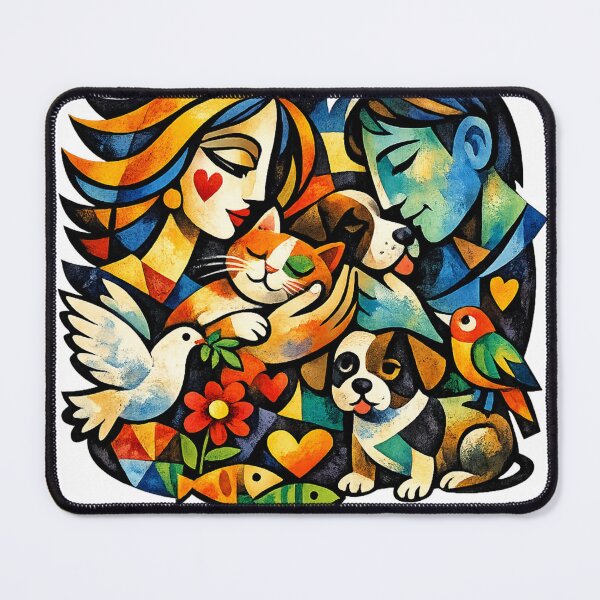 Item preview, Animal Lovers Cubist Art | Colorful Pet Family with Cat, Dog, Birds & Nature designed and sold by Santuário da Bicharada.