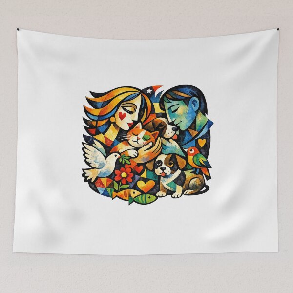 Item preview, Animal Lovers Cubist Art | Colorful Pet Family with Cat, Dog, Birds & Nature designed and sold by Santuário da Bicharada.