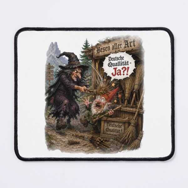 Item preview, Angry Witch vs Gnome Broom Seller – "Deutsche Qualität?!" designed and sold by Alpine-Ink.