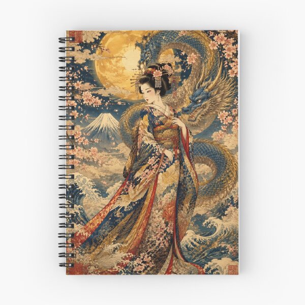 Item preview, Geisha and Blue Dragon under the Full Moon Mount Fuji Ukiyo-e Japanese designed and sold by Natalia-Vlad.