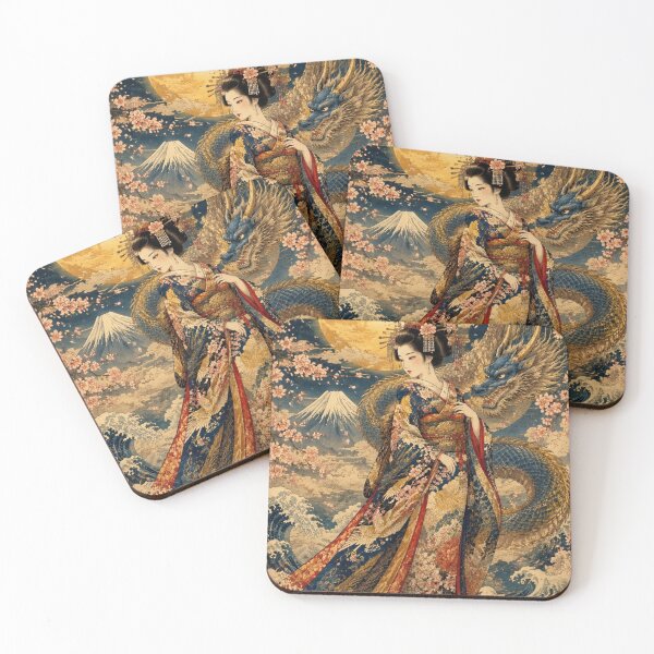 Item preview, Geisha and Blue Dragon under the Full Moon Mount Fuji Ukiyo-e Japanese designed and sold by Natalia-Vlad.