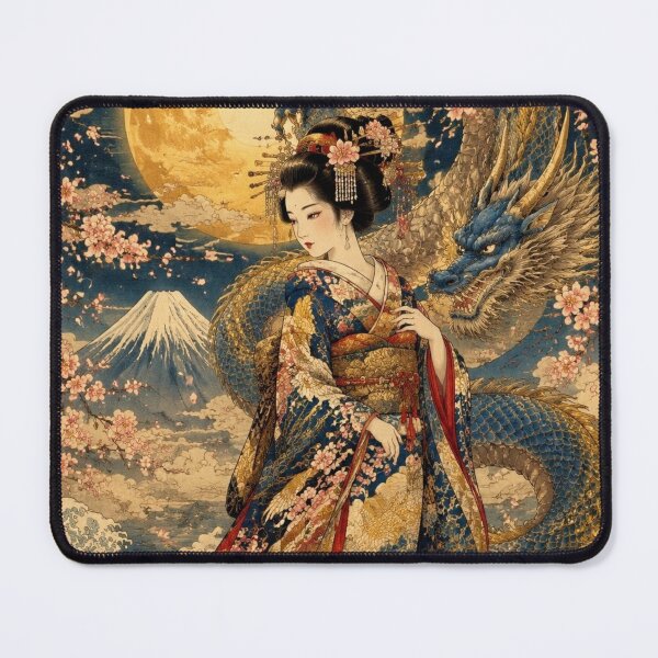 Item preview, Geisha and Blue Dragon under the Full Moon Mount Fuji Ukiyo-e Japanese designed and sold by Natalia-Vlad.