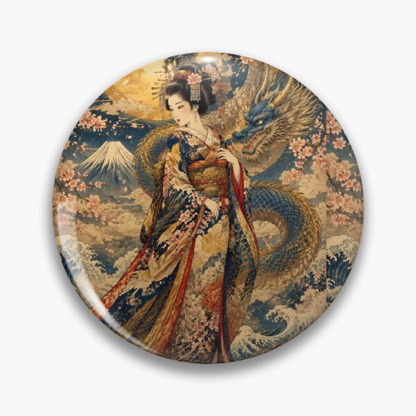 Item preview, Geisha and Blue Dragon under the Full Moon Mount Fuji Ukiyo-e Japanese designed and sold by Natalia-Vlad.