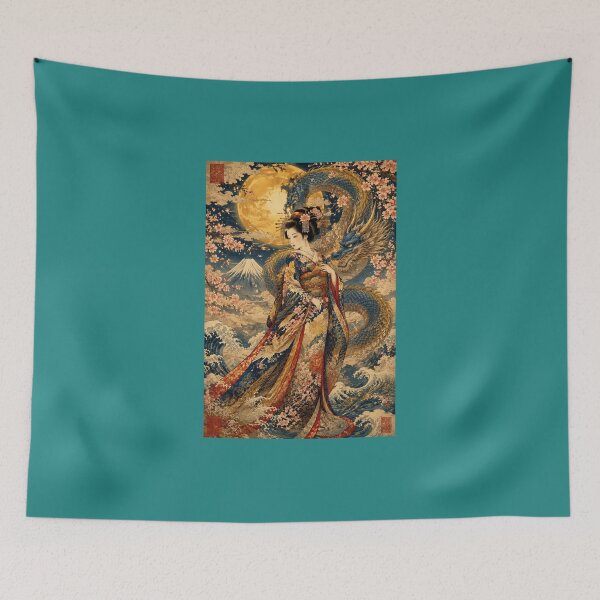Item preview, Geisha and Blue Dragon under the Full Moon Mount Fuji Ukiyo-e Japanese designed and sold by Natalia-Vlad.