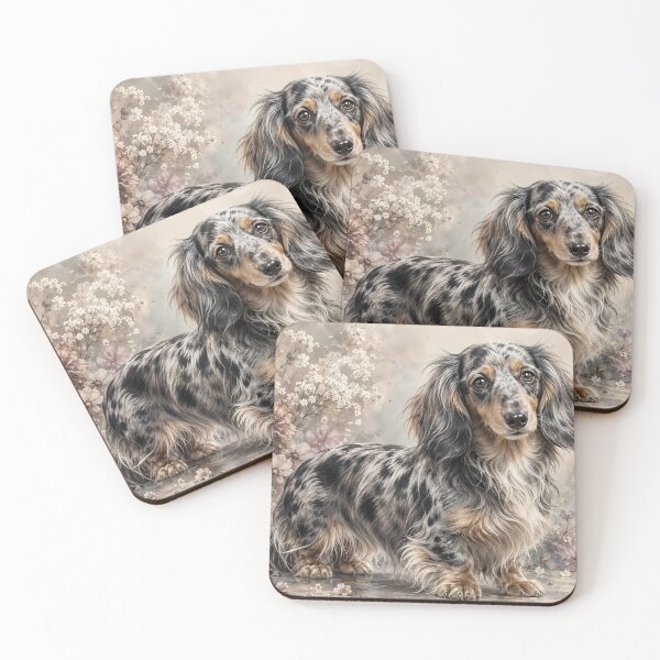 Item preview, Long Haired Dapple Dachshund Watercolor Portrait | Floral Dog Art | Soft Pastel Pet Painting designed and sold by ManJiangHong.