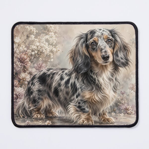Item preview, Long Haired Dapple Dachshund Watercolor Portrait | Floral Dog Art | Soft Pastel Pet Painting designed and sold by ManJiangHong.