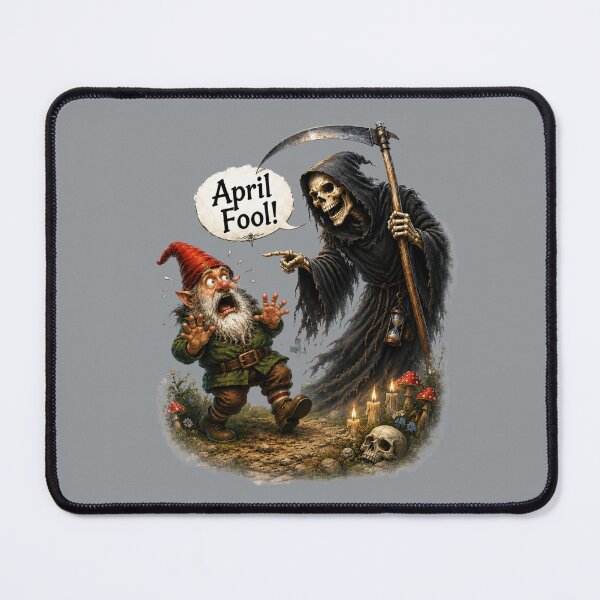 Item preview, April Fool! Scared Garden Gnome and Grim Reaper Funny Dark Humor Fantasy Art designed and sold by Alpine-Ink.