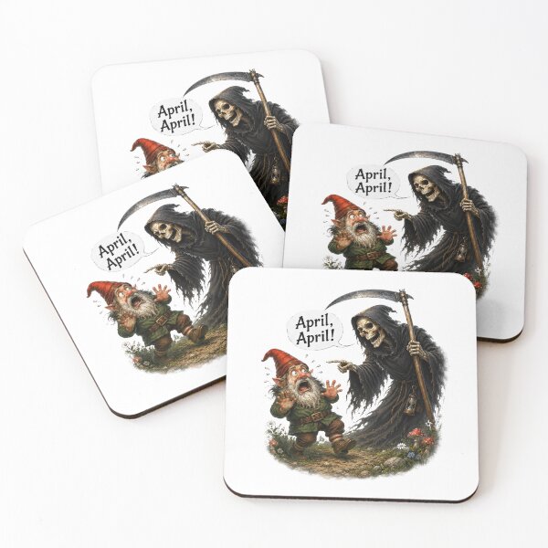 Item preview, April, April! Terrified Gnome Meets Grim Reaper – Funny German April Fool Joke designed and sold by Alpine-Ink.
