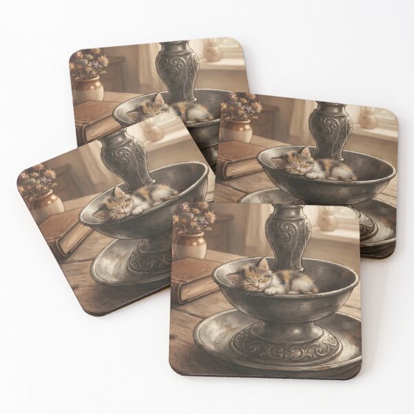 Item preview, Tiny Kitten in a Giant Vintage Pewter Candle Holder Miniature Illustration designed and sold by DuckOddity.