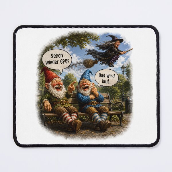Item preview, Already GPS Again? Two Laughing Garden Gnomes Watching a Witch Funny Halloween Design designed and sold by Alpine-Ink.