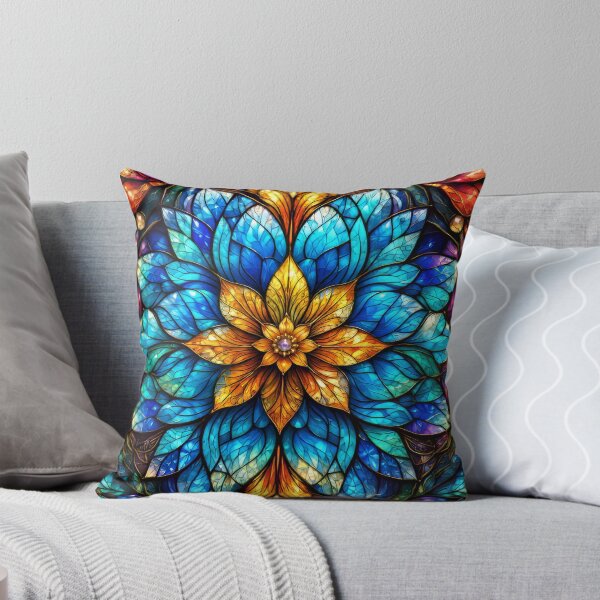 Item preview, Gothic Stained Glass Flower Mandala - Blue and Gold Sunburst Art designed and sold by pinkal.
