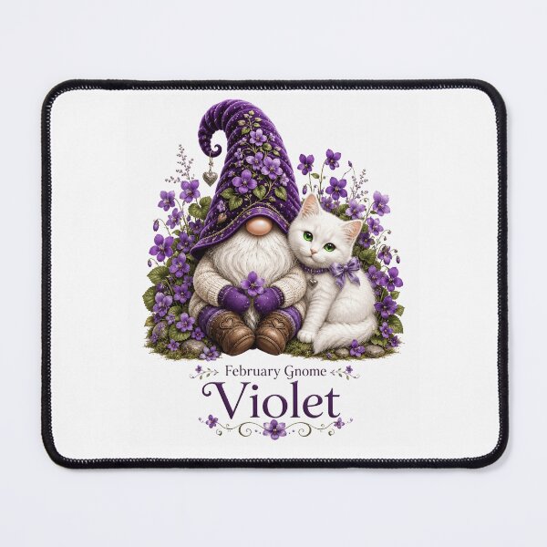 Item preview, February Violet Gnome Whimsical Spring Gnome & White Kitty Fantasy Art designed and sold by RoPrincess.