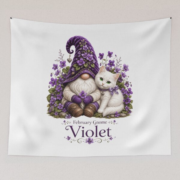 Item preview, February Violet Gnome Whimsical Spring Gnome & White Kitty Fantasy Art designed and sold by RoPrincess.