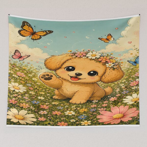 Item preview, Cute Flower Crown Puppy in Wildflower Meadow | Whimsical Spring Art designed and sold by MAJCO-ART.