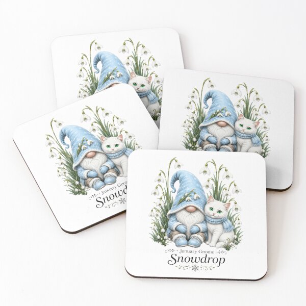 Item preview, January Snowdrop Gnome Cozy Winter Gnome & White Kitty Fantasy Art designed and sold by RoPrincess.