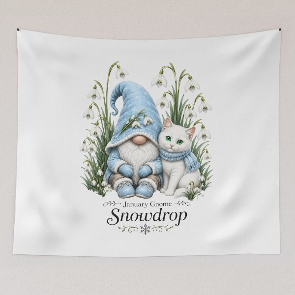 Item preview, January Snowdrop Gnome Cozy Winter Gnome & White Kitty Fantasy Art designed and sold by RoPrincess.