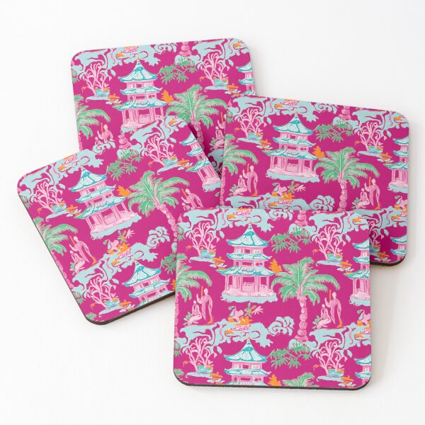 Item preview, Preppy chinoiserie court figures in pink, green, orange and turquoise designed and sold by SophieClimaArt.