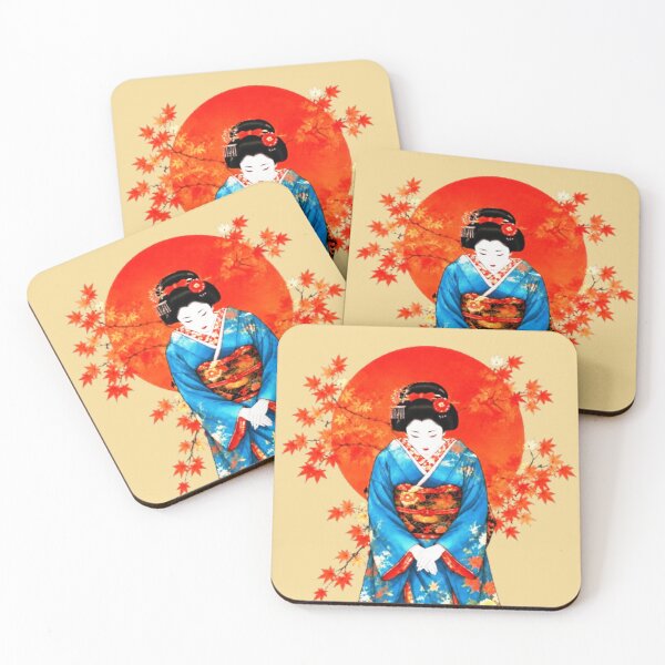 Item preview, Geisha Kimono Blue Flowers Autumn Maple Leaves Red Sun Japan designed and sold by Natalia-Vlad.