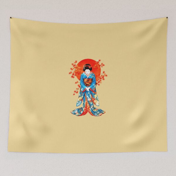 Item preview, Geisha Kimono Blue Flowers Autumn Maple Leaves Red Sun Japan designed and sold by Natalia-Vlad.
