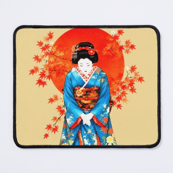 Item preview, Geisha Kimono Blue Flowers Autumn Maple Leaves Red Sun Japan designed and sold by Natalia-Vlad.