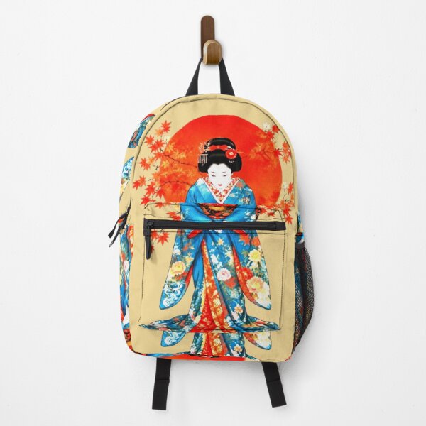 Item preview, Geisha Kimono Blue Flowers Autumn Maple Leaves Red Sun Japan designed and sold by Natalia-Vlad.