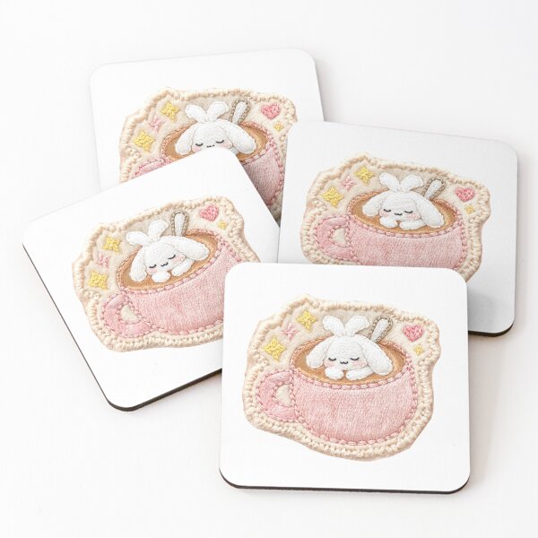 Item preview, Sleepy Bunny in a Mug | Cute Stitched Cozy Sticker designed and sold by CozyStitchClub.