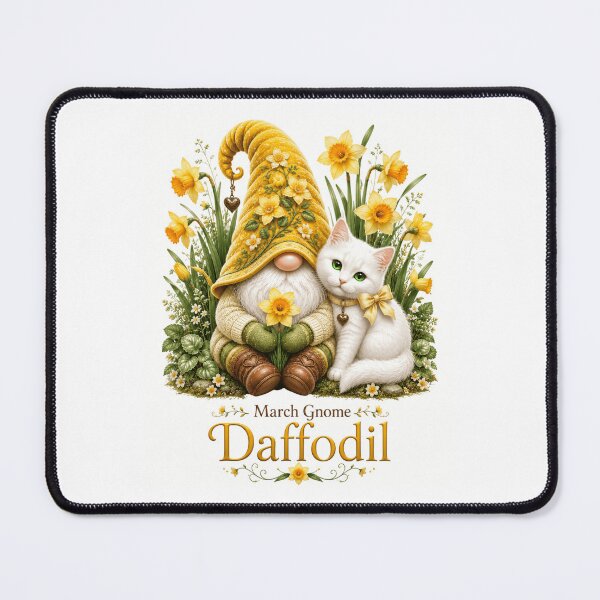 Item preview, March Daffodil Gnome Cheerful Spring Gnome & White Kitty Fantasy Art designed and sold by RoPrincess.