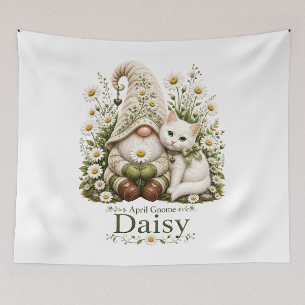 Item preview, April Daisy Gnome Charming Spring Gnome & White Kitty Fantasy Art designed and sold by RoPrincess.