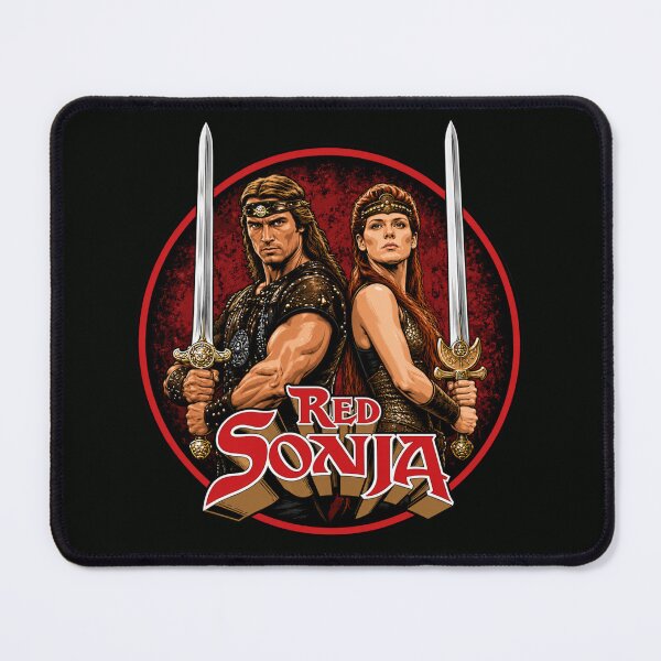 Artikelvorschau, Abzeichen der Fantasy-Kriegerinnen Red Sonja & Kalidor | Klassische Schwert-und-Zauberei-inspirierte Retro-Vektorgrafik | Popcorn Odyssey entworfen und verkauft von Popcorn Odyssey.