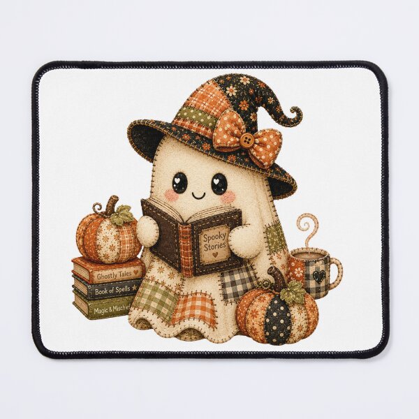 Item preview, Cute Patchwork Ghost Reading Book | Cozy Halloween Book Lover Cottagecore Art designed and sold by MolliesBoutique.